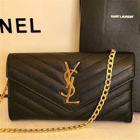 YSL Caviar Leather Flap Crossbody Purse Clutch WOC Black Gold